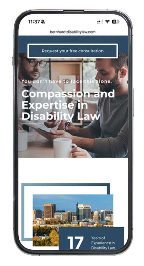 Iphone showing the mobile website design for Bernhardt Disability Law in Boise, Idaho
